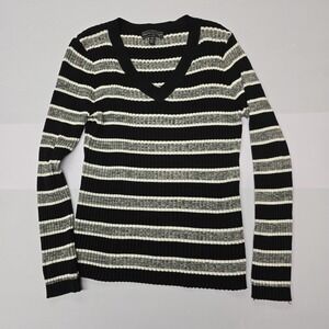 Sienna Sage Striped V Neck Ribbed Knit‎ Women's XL Black White Gray Long Sleeve